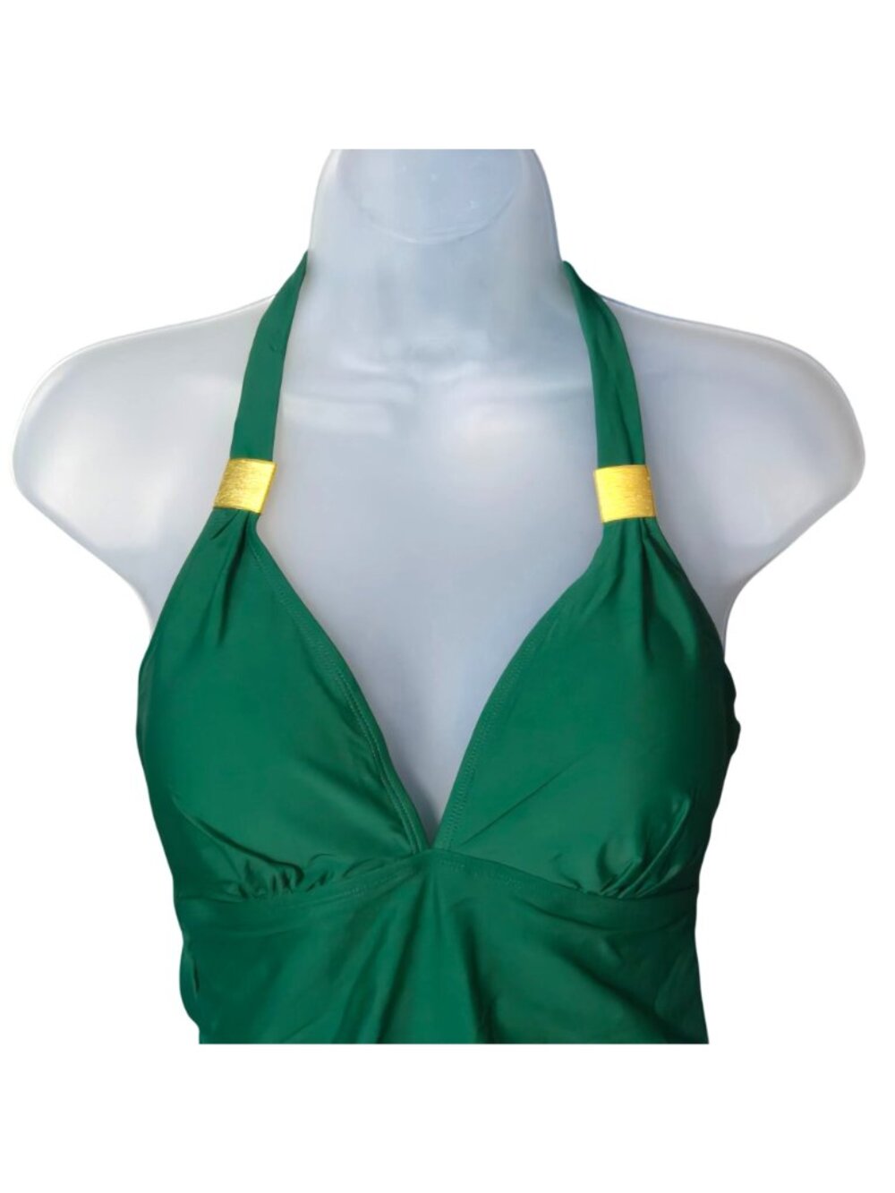 Green Halter Tankini Top Med Gold Accents Ruched Lined Built In Cups - Picture 2 of 8